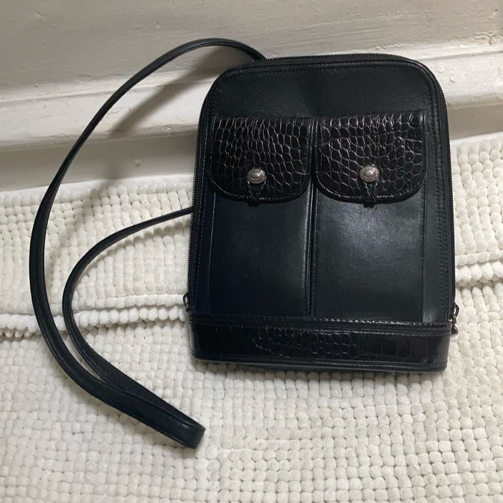 Beautiful black leather purse with crocodile pattern accents